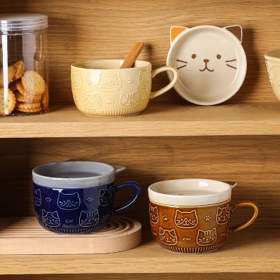 후쿠후쿠 고양이 얼굴 뚜껑 머그컵 홈카페