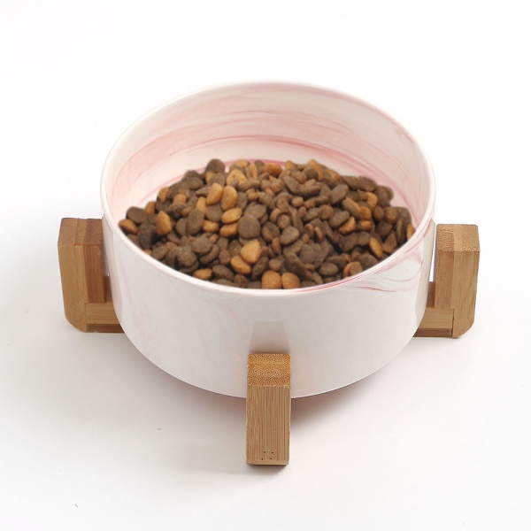 반려동물 우드받침 도자기식기(16cm) (마블핑크)