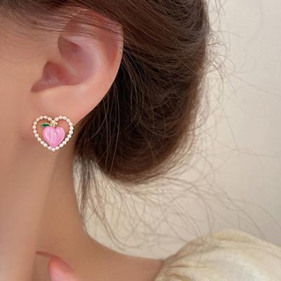 핑쿠리 귀여운 복숭아 큐빅 하트 패션 귀걸이