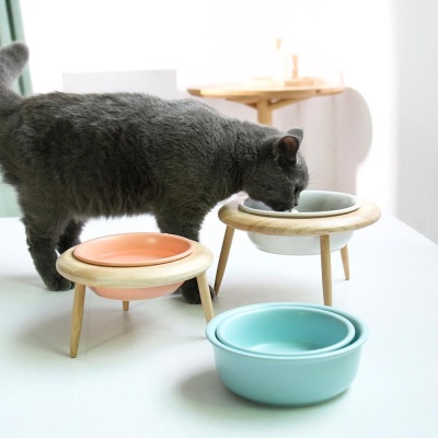 강아지 고양이 도자기 식기 높이조절 원목 밥그릇 물그릇