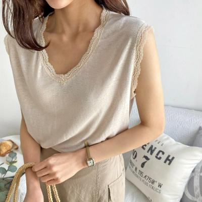 Linen Lace V-Neck Tee - 민소매