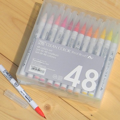 [Kuretake] 천연모 브러쉬팁의 캘리그라피,수채화붓..일본 쿠레다케 지그 Clean Color Real Brush 48색 Set HF132-5