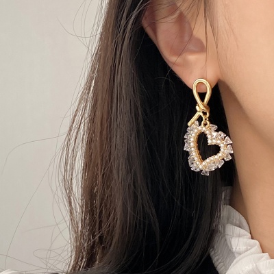 예쁜 리본 크리스탈 하트 숏 드롭 귀걸이 큐티 귀고리