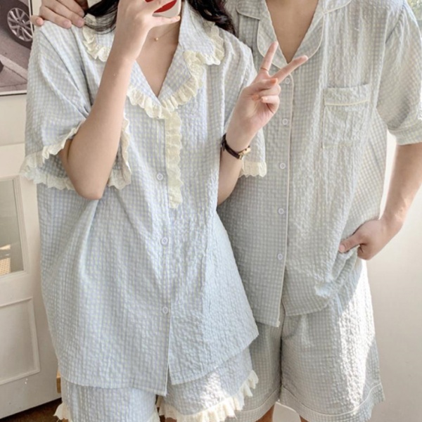 [지지미원단] 리피 깅엄체크 커플 상하세트 잠옷 1559