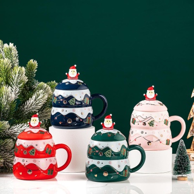 크리스마스 트리 위 산타클로스 귀여운 머그컵 4color